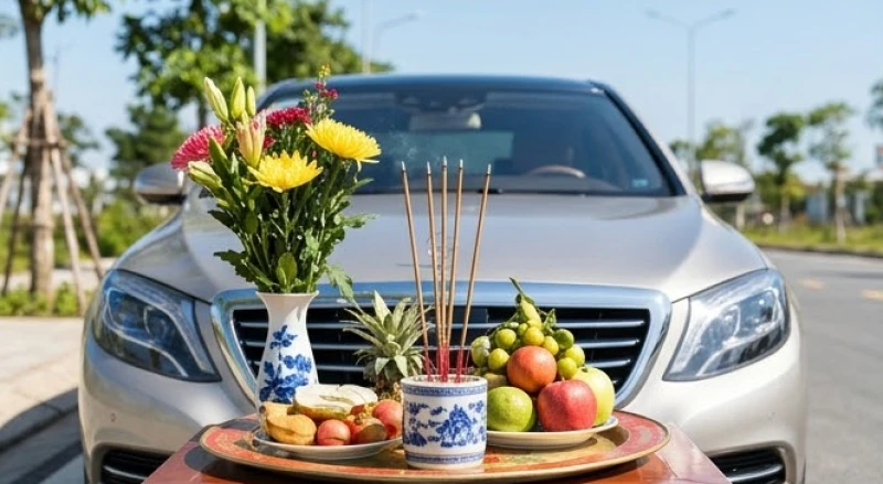 Mâm cúng xe mới được chuẩn bị tươm tất với hoa tươi và trái cây đặt trước đầu xe