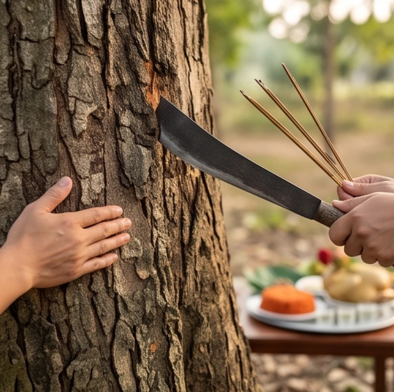 Văn khấn miếu cây: Bài cúng rằm mùng 1 và quy tắc sắm lễ 9 Nghi thức tạ đất và dùng rựa gõ nhẹ vào gốc cây trước khi tiến hành đốn hạ cành lớn