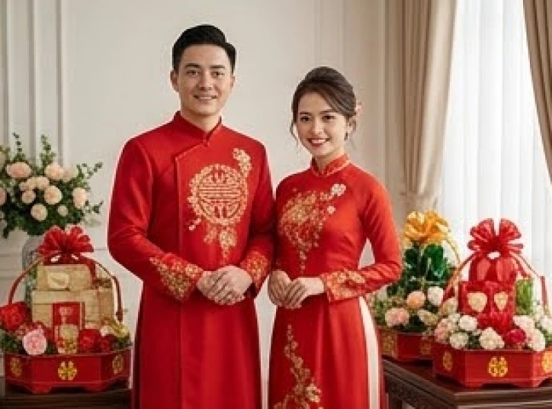 Cô dâu chú rể mặc áo dài đỏ truyền thống rạng rỡ trong lễ gia tiên mâm quả ngày cưới