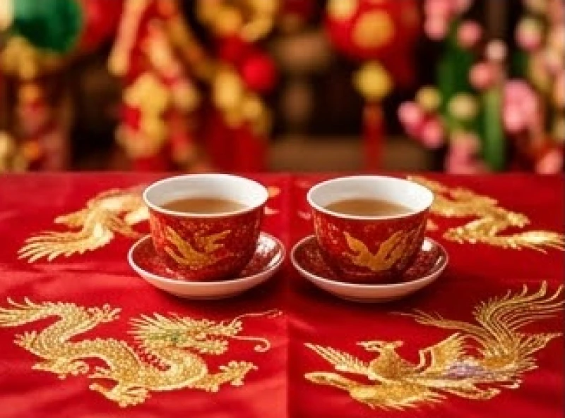 Cặp đôi mặc áo dài đỏ truyền thống hạnh phúc trong không gian trang trí lễ cưới ấm cúng