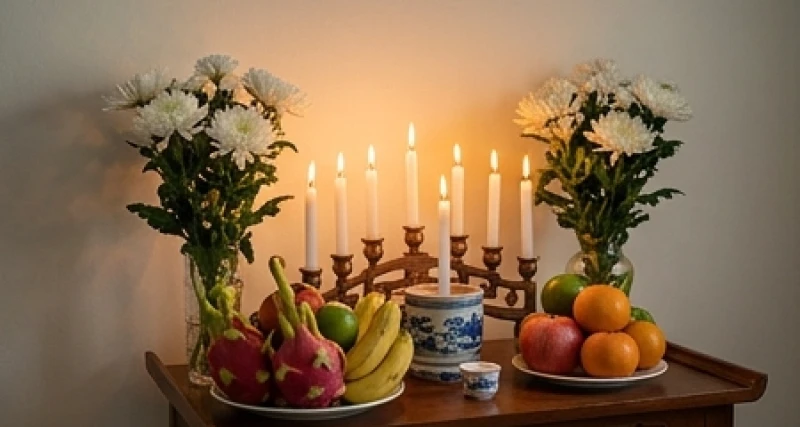 Mâm lễ chay và 8 ngọn nến trắng được sắp xếp cẩn thận để cúng giải hạn sao Thái Bạch tại gia