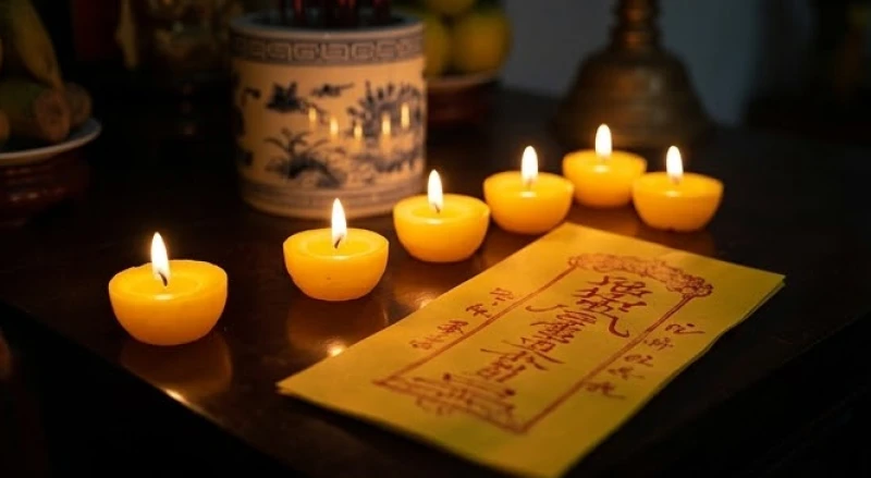 Năm ngọn nến lung linh được xếp trước bài vị màu vàng viết chữ đỏ hướng về phía Tây để hóa giải hạn Diêm Vương cho cụ bà