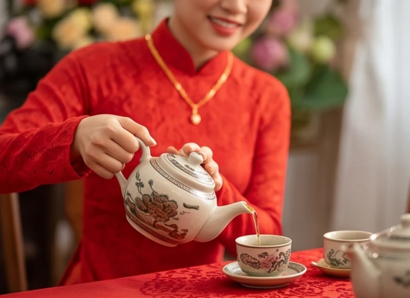 Cô dâu chú rể thực hiện nghi thức dâng trà nạp tài trong lễ cưới truyền thống