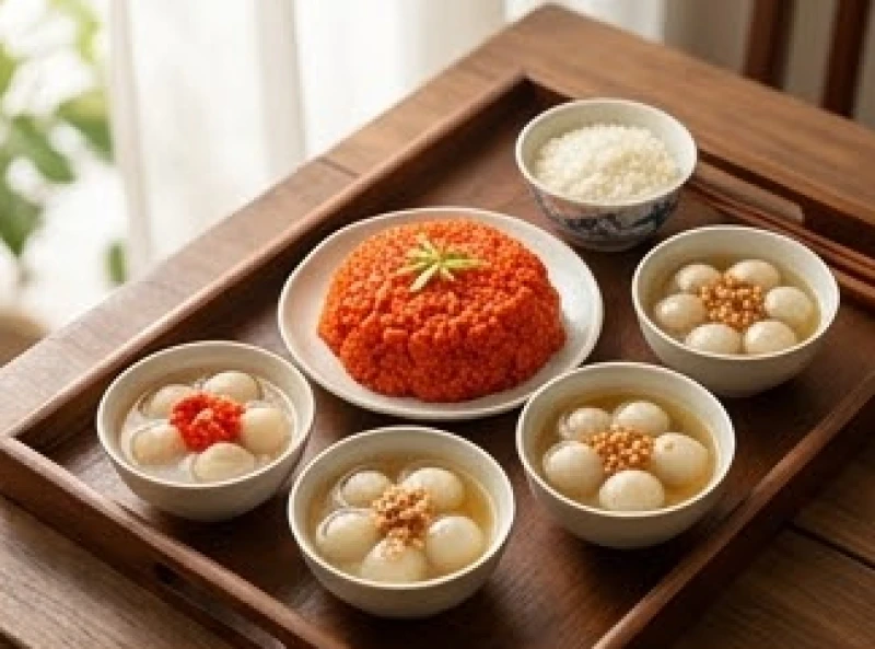 Mâm cúng tạ ơn Bà Bổn Mạng trong ngày đầy tháng của em bé với xôi gấc và chè trôi nước