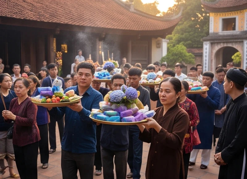 Mâm lễ mang tông màu xanh tím dâng lên đền Bảo Hà vào ngày tiệc chính 17 tháng 7