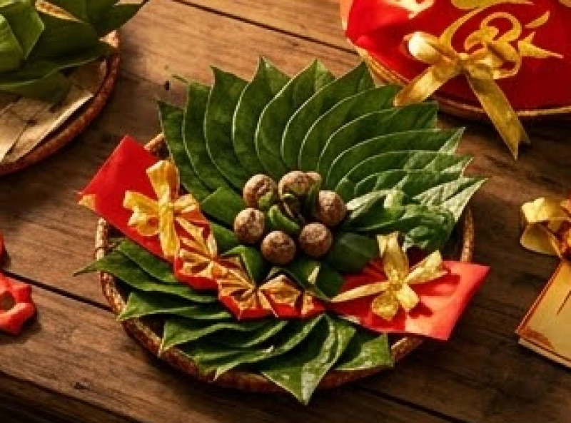 Khay trầu cau và lễ vật đính hôn được sắp xếp trang trọng trên bàn vào một ngày mang trực Định
