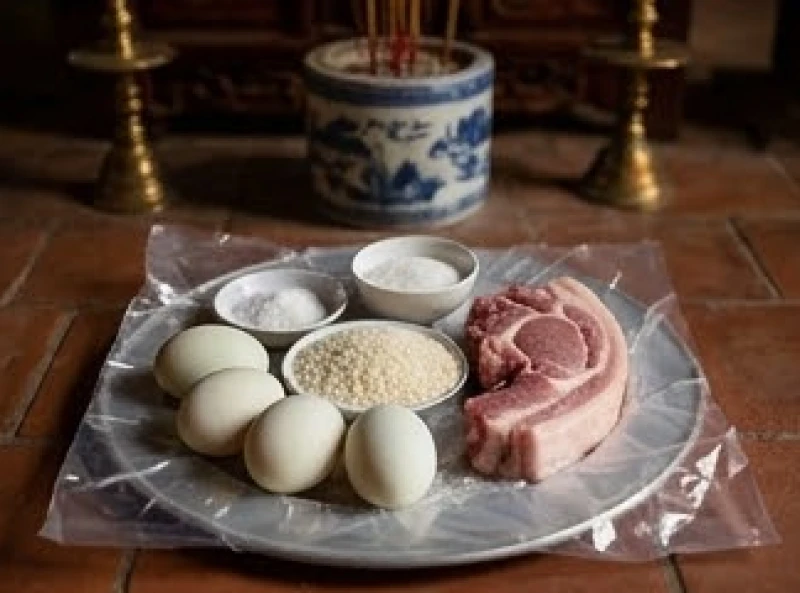 Văn khấn xin lộc Đền Bắc Lệ: Trọn bộ bài khấn và cách sắm lễ 8 Đĩa đồ sống gồm năm quả trứng vịt và thịt lợn sống được lót nilon cẩn thận dâng Hạ Ban