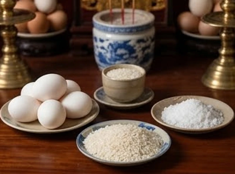 Đĩa lễ đồ sống gồm trứng trắng, gạo và muối hạt to được chuẩn bị để dâng lên ban Công đồng