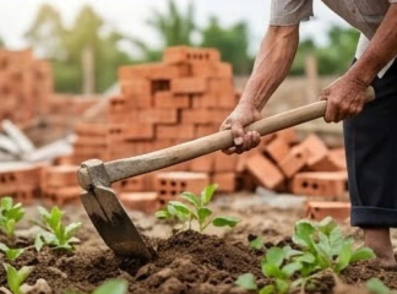 Người đàn ông lớn tuổi thay mặt gia chủ tiến hành nghi thức động thổ xây nhà bằng một chiếc cuốc