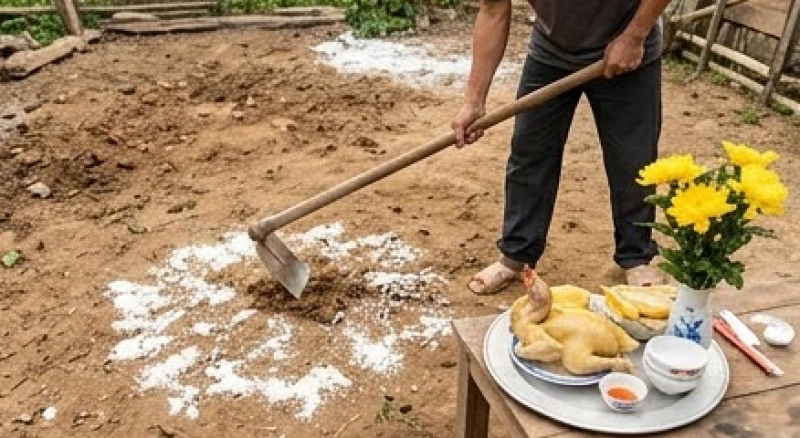 Văn khấn cúng chuồng bò chuẩn và cách đặt mâm lễ đầu năm 6 Người nông dân cuốc những nhát tượng trưng lên nền đất rải sẵn muối gạo để khởi công xây dựng khu vực chăn nuôi mới
