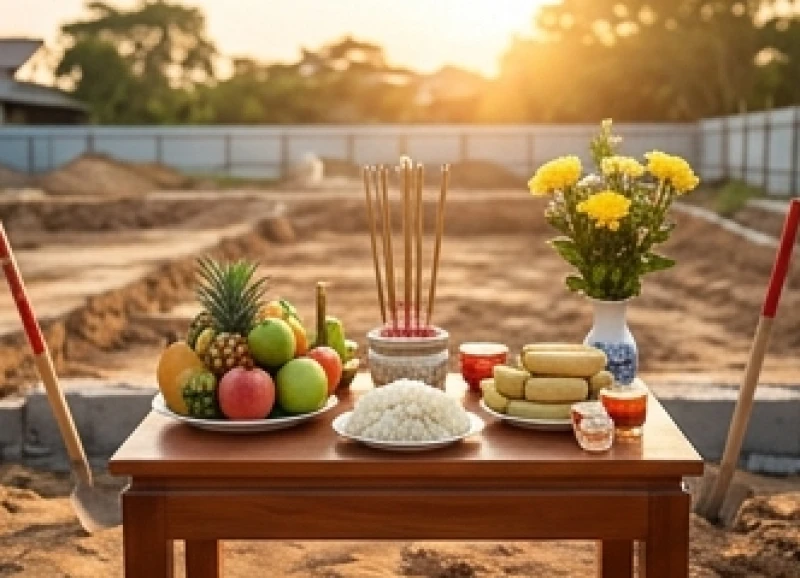 Mâm cúng động thổ được chuẩn bị tươm tất trên nền đất trống trước khi tiến hành xây dựng