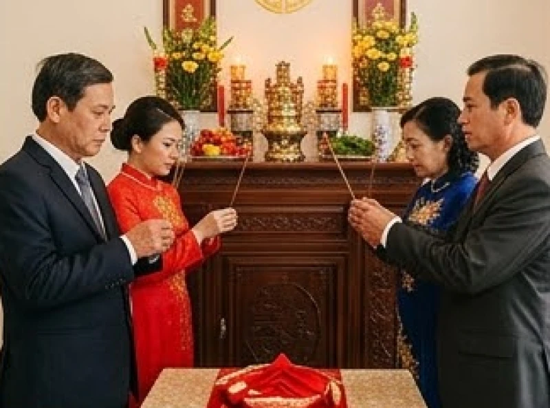 Đại diện hai họ cùng nhau thực hiện nghi thức dâng hương báo cáo ông bà tổ tiên trong lễ đính hôn