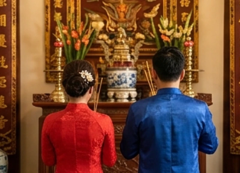 Tuổi Dậu Cưới Ngày Nào Tốt: Lịch Đại Lợi & Thủ Tục Hóa Giải 5 Cô dâu và chú rể thành kính dâng hương trước bàn thờ gia tiên trong khung giờ đăng viên tốt nhất