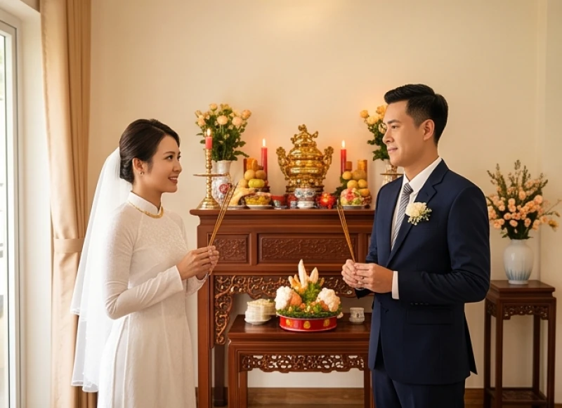 Văn khấn báo cáo gia tiên khi cưới hỏi: Bài cúng & trình tự 3 miền 10 Đôi uyên ương thực hiện nghi thức yết cáo gia tiên tại nhà trai sau khi đoàn rước dâu về đến nhà