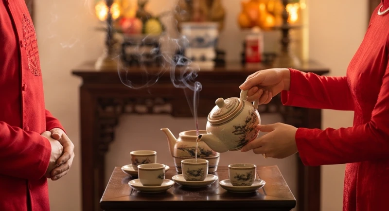 Tuổi Thân nên cưới vào năm nào: Bảng năm đẹp và hóa giải 4 Nghi thức rót trà dâng lên ông bà tổ tiên trong lễ cưới truyền thống, đánh dấu khoảnh khắc kết duyên chính thức