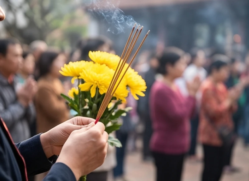 Văn khấn Miếu Bà Phi Yến: Bài cúng chuẩn và trình tự đi lễ 4 Người dân thành tâm dâng hương và hoa cúc vàng trong ngày lễ giỗ Bà Phi Yến