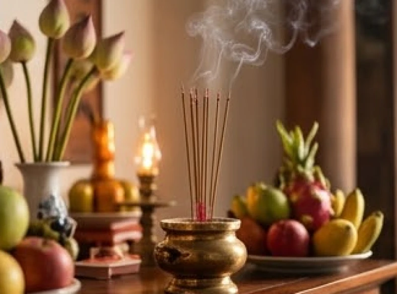 Hương khói bay nghi ngút trên bàn thờ gia tiên trong ngày lễ giỗ hết Đại Tường của người chồng