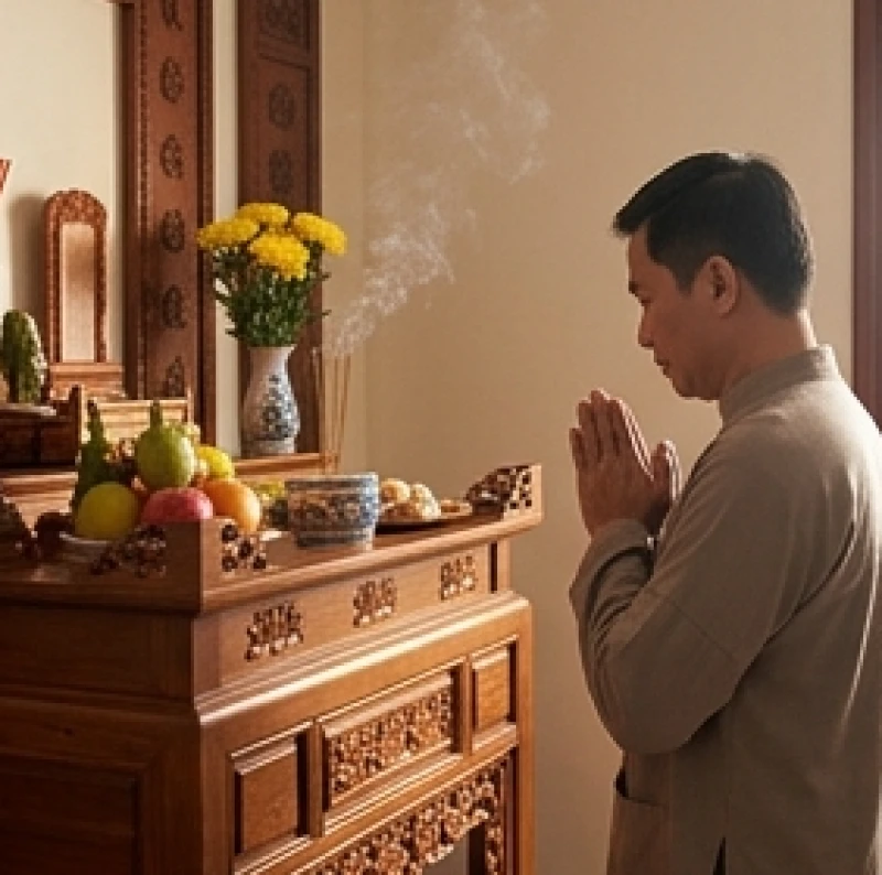 Văn khấn hết tang mẹ: Bài cúng chuẩn xưng Hiển tỷ và nghi thức 3 Người con trai chắp tay đứng trước bàn thờ thắp nhang trong lễ giỗ tròn 2 năm