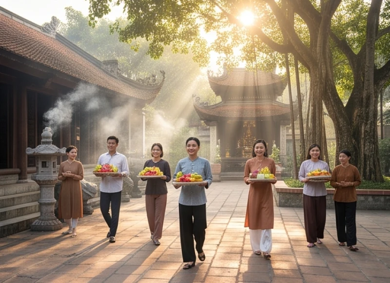 Không gian tấp nập người dân mang theo mâm lễ hội tụ về dâng hương trong dịp lễ giỗ Bà Phi Yến