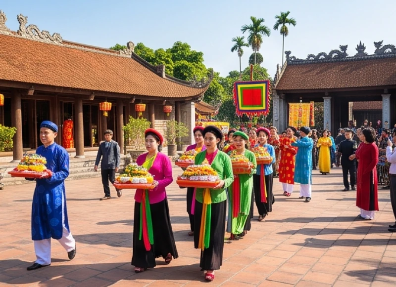 Văn khấn Đền Lảnh Giang: nguyên văn chuẩn và thứ tự dâng lễ 2 Dòng người đông đúc mang mâm lễ về Đền Lảnh Giang trong ngày hội chính