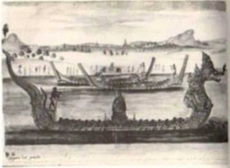 Lễ hội đua thuyền của người Thái với sự chứng kiến của vua Ayutthaya (khoảng 1680s). Nguồn: Anthony Reid, Southeast Asia in the Age, p. 192