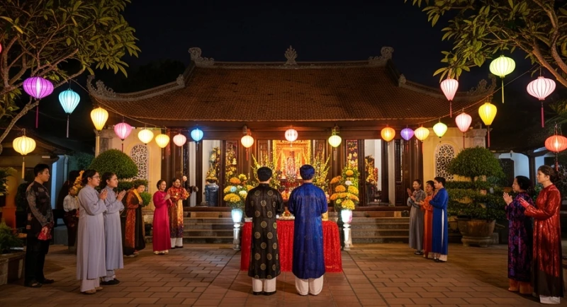 Không khí nhộn nhịp của lễ hội truyền thống trong ngày Tiên thường tại khuôn viên An Sơn Miếu