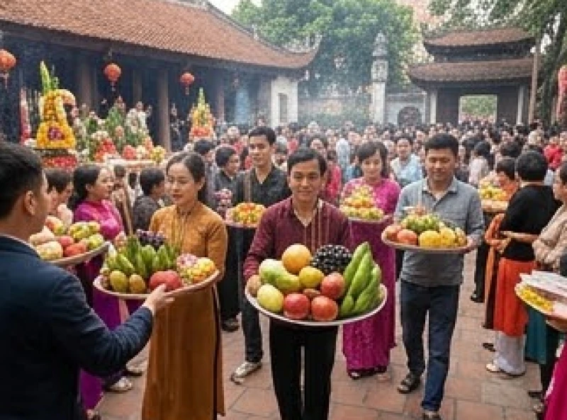 Văn khấn miếu Ngũ Hành: Bài cúng chuẩn và sắm lễ ngũ sắc 3 Người dân tấp nập mang theo hương hoa và mâm cúng đến dâng lễ trong ngày vía chính
