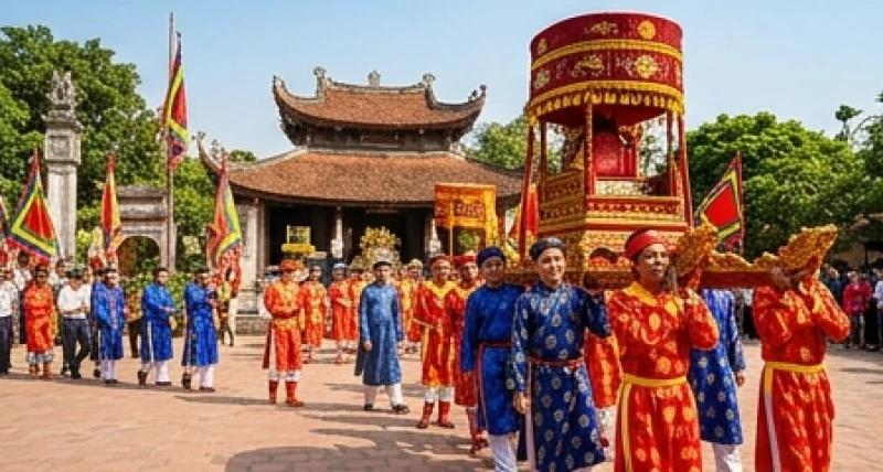 Đội tế nam quan và đoàn rước kiệu uy nghi trong trang phục cổ truyền tại một lễ hội đình làng đặc trưng của vùng Bắc Bộ