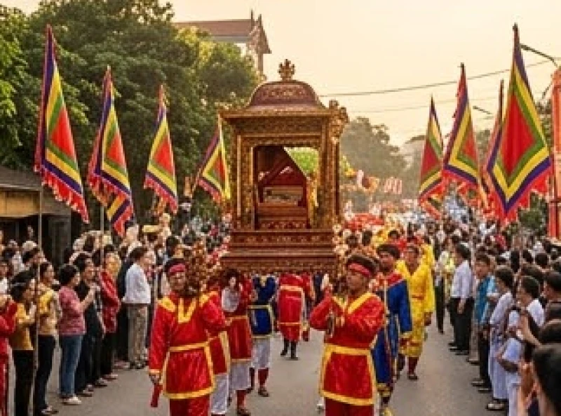 Đoàn người rước kiệu Thánh Tản Viên trong không khí trang nghiêm và rực rỡ cờ xí của lễ hội mùa xuân