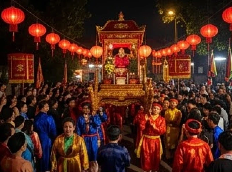 Nghi thức rước kiệu trong đêm lễ Khai ấn Đền Trần Nam Định với sự tham gia của hàng vạn người