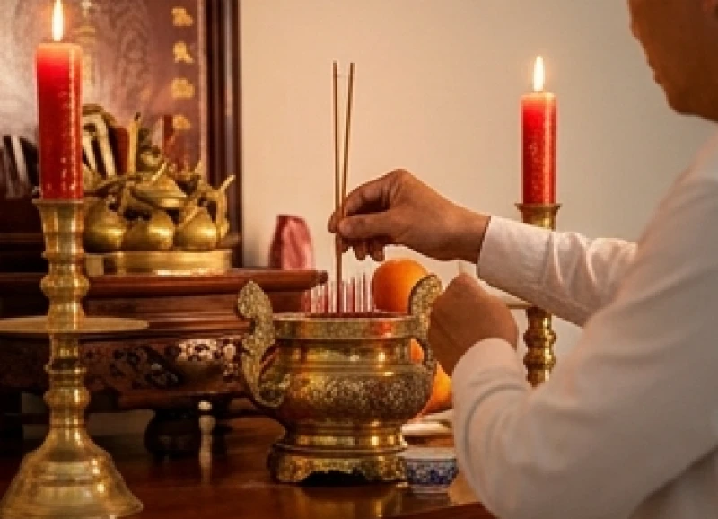 Chủ nhà thắp nhang và báo cáo Tổ tiên sau khi hoàn tất thủ tục chuộc lại cơ ngơi từ người mượn tuổi