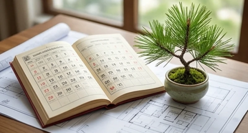 Cuốn lịch vạn niên mở ra ngày Canh Dần bên cạnh một mầm cây nhỏ tượng trưng cho ngày khởi sự tốt
