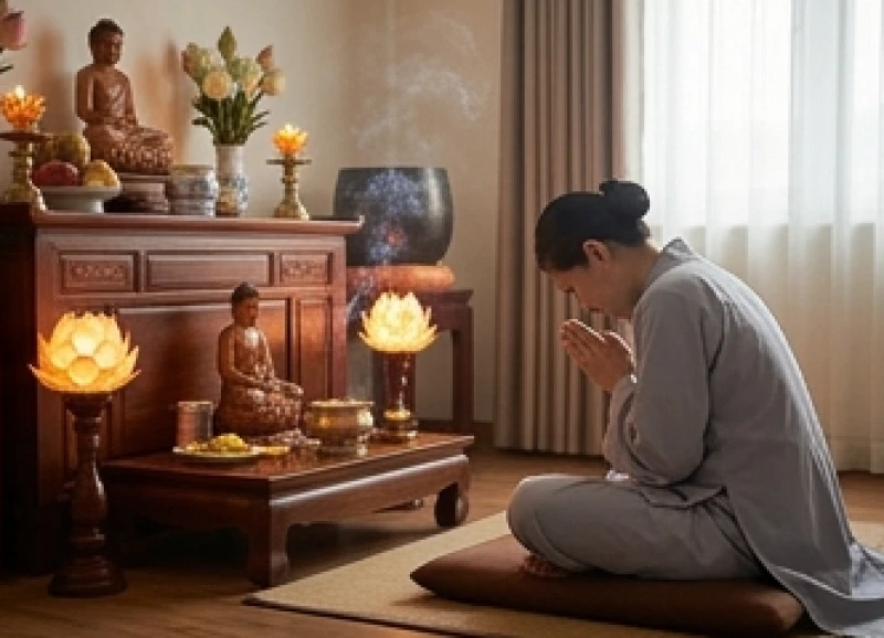 Văn khấn Phật hàng ngày tại gia: Bài cúng chuẩn nghi thức 3 Người hành lễ cúi đầu đảnh lễ trang nghiêm trước tôn tượng Đức Phật