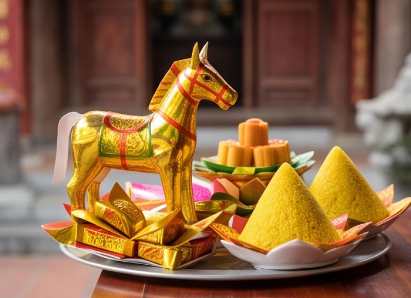 Mâm lễ mã cúng tiến với ngựa vàng và oản tài lộc dành riêng để dâng lên Thượng điện