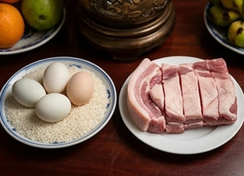 Mâm đồ sống dâng quan Ngũ Hổ với trứng vịt, muối gạo và thịt lợn khía năm vạch