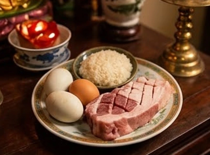 Văn khấn miếu Bà: Trình tự dâng lễ và bài cúng chuẩn 4 Phần lễ mặn dâng các ban thần linh phụ với xôi, thịt luộc và trứng sống được sắp xếp theo đúng định lượng