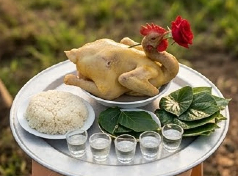Văn khấn thần linh ngoài mộ: Bài cúng chuẩn tâm linh cho mọi dịp 3 Mâm lễ mặn cúng thần linh gồm gà trống thiến luộc ngậm hoa hồng, xôi trắng, trầu cau và rượu nếp trắng