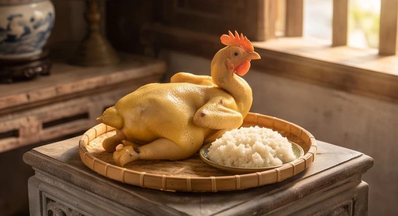 Mâm cỗ mặn với xôi và gà luộc tạo dáng cánh tiên trang nghiêm được đặt cẩn thận tại Ban Hạ của đền