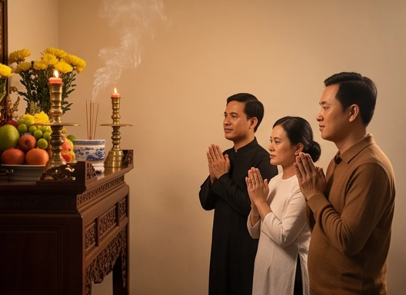 Văn khấn xả tang: Bài cúng chuẩn, sắm lễ và cách xử lý bàn thờ 1 Gia quyến chắp tay thành kính thực hiện nghi thức lễ xả tang truyền thống trước bàn thờ