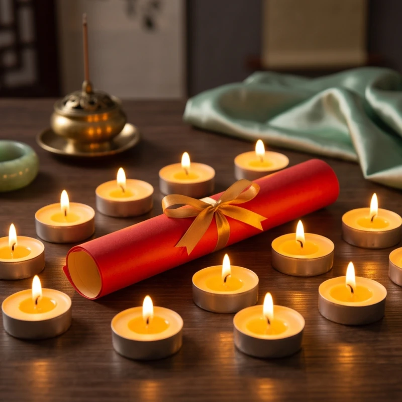 Bài vị màu đỏ và 12 ngọn đèn được chuẩn bị trang trọng trong nghi thức nghênh sao Thái Dương