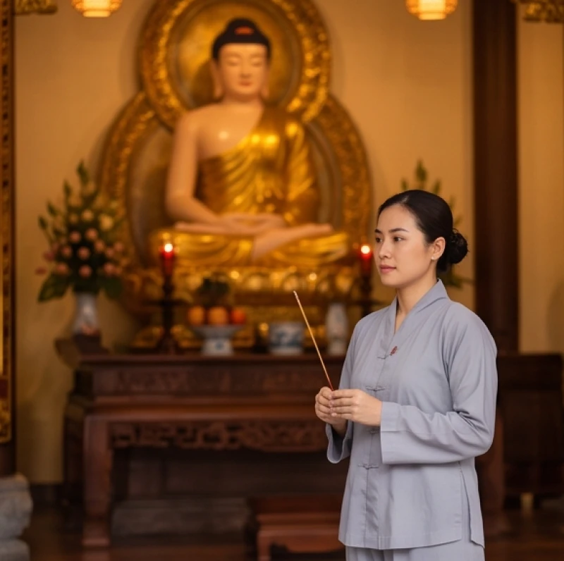 Văn khấn đi chùa đầu năm: Sắm lễ chuẩn và thứ tự hành lễ 1 Nữ phật tử chắp tay lễ Phật tại chánh điện trang nghiêm khi thực hành văn khấn đi chùa đầu năm