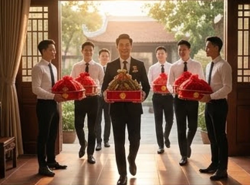 Tuổi Dần cưới ngày nào tốt: cách chọn tháng đại lợi và hóa giải 1 Đoàn rước dâu bê tráp đỏ tiến vào cổng nhà gái trong khung giờ hoàng đạo đại cát tràn ngập ánh nắng
