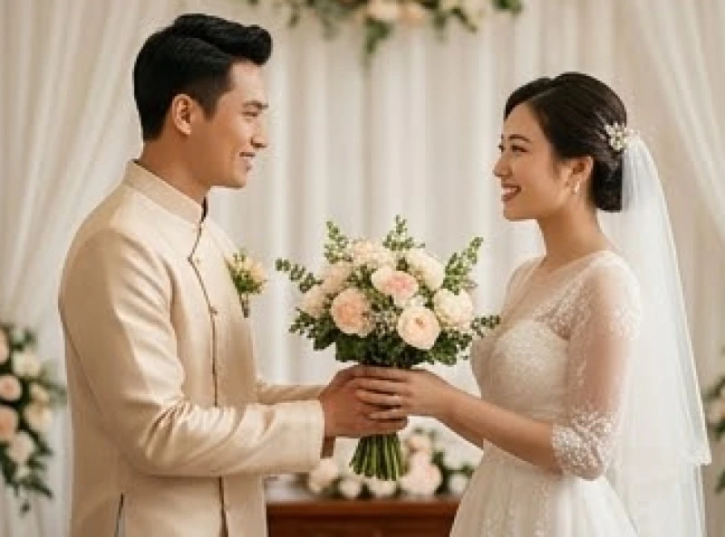 Chú rể trao bó hoa cưới tươi thắm cho cô dâu trong một buổi lễ rước dâu ấm cúng