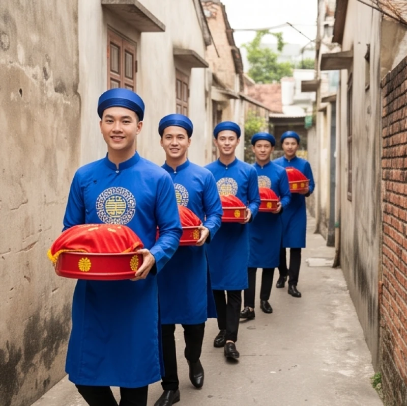 Đoàn nhà trai bưng mâm quả tiến vào ngõ nhà gái rộn rã niềm vui dù phải gấp rút tổ chức cưới