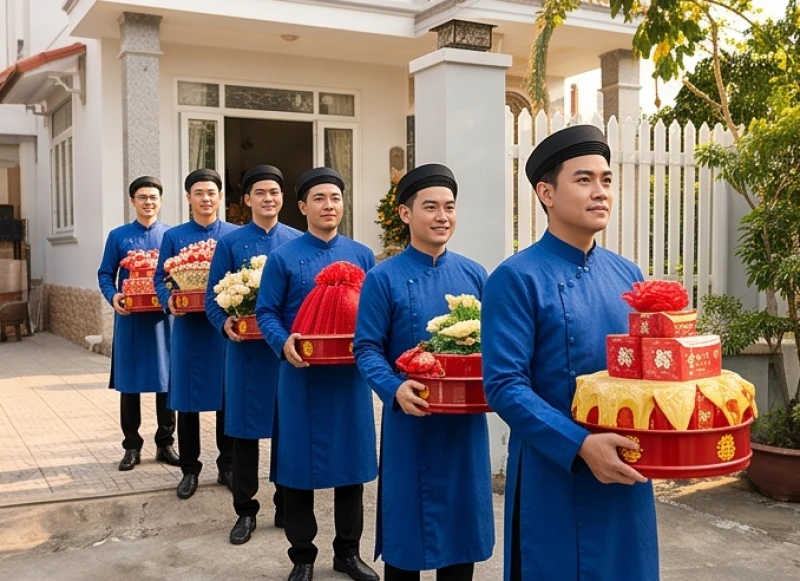 Đoàn rước dâu nhà trai mang theo các mâm quả sơn son thiếp vàng tiến vào nhà gái trong ngày giờ hoàng đạo