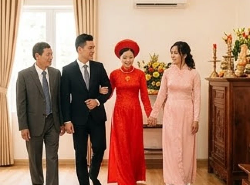 Bố mẹ chồng tươi cười đón con dâu mới bước vào nhà và tiến thẳng đến khu vực làm lễ yết cáo