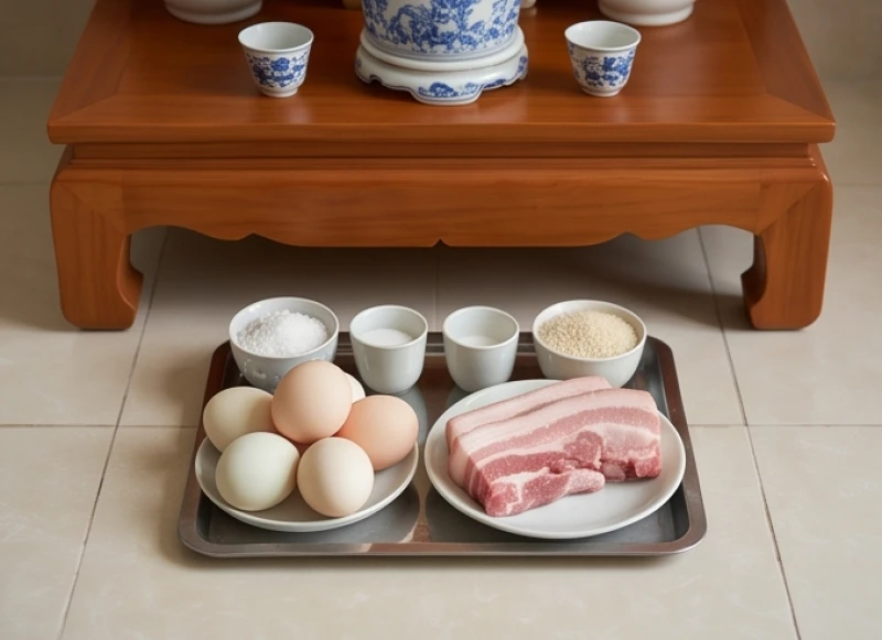 Khay đồ sống gồm thịt lợn, trứng vịt, gạo và muối được đặt dưới gầm bàn thờ cúng Ngũ Hổ