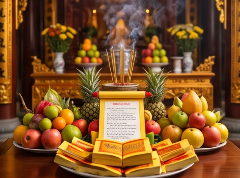 Mâm lễ tạ đơm đầy đặn cùng sớ văn dâng lên tạ ơn thần linh trong dịp cuối năm