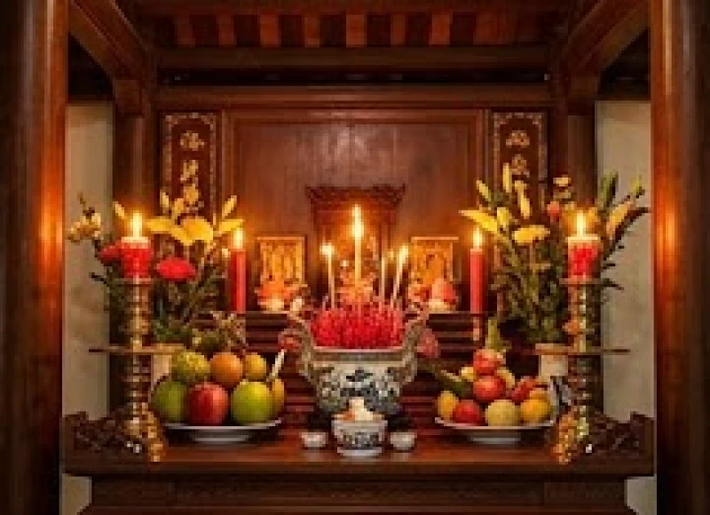 Văn khấn sửa mộ phần gia tiên: Trọn bộ bài cúng đúng nghi thức 7 Ban thờ gia tiên tại nhà được thắp sáng đèn nến và bày biện mâm hoa quả để làm lễ tạ hoàn thành sửa mộ