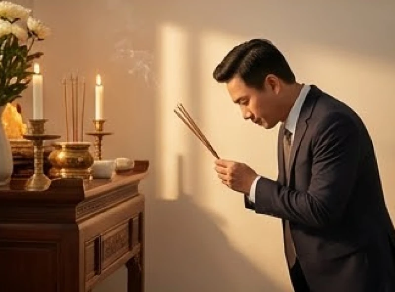 Văn khấn báo cáo gia tiên có việc vui: Bài cúng chuẩn từng hỷ sự 6 Người đàn ông thành kính chắp tay dâng lễ tạ ơn tổ tiên sau khi được thăng chức